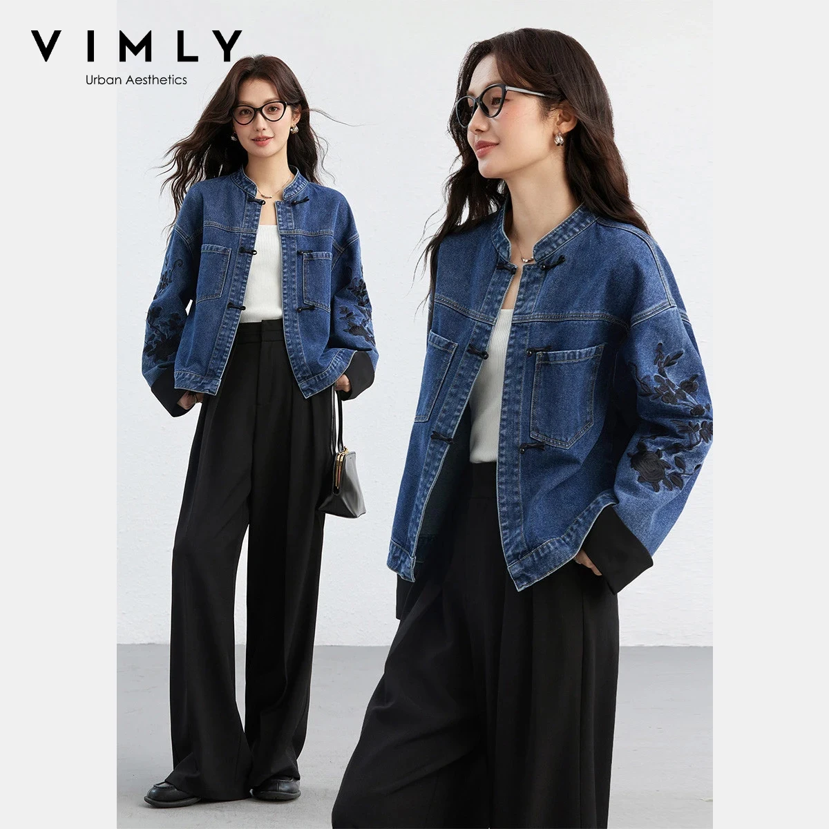 

VIMLY Women's Chinese-style Denim Jacket Lady 2026 Spring Fall Embroidery Long Sleeve Straight-cut Outerwear Woman Clothes 75351
