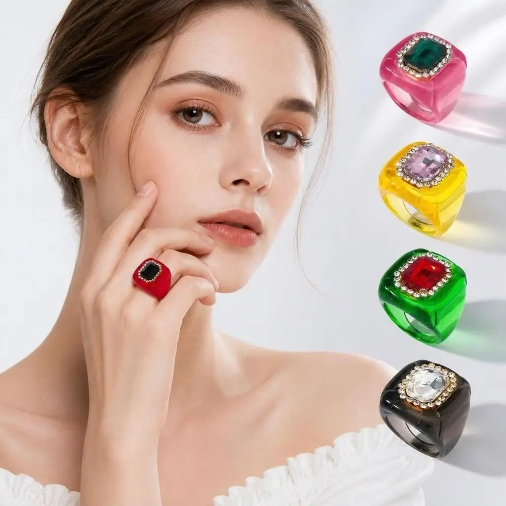 New Resin Rhinestones Ring Colorful Three-dimensional Finger Ring Geometric Elegant Jewelry Square Ring Jewelry Accessories