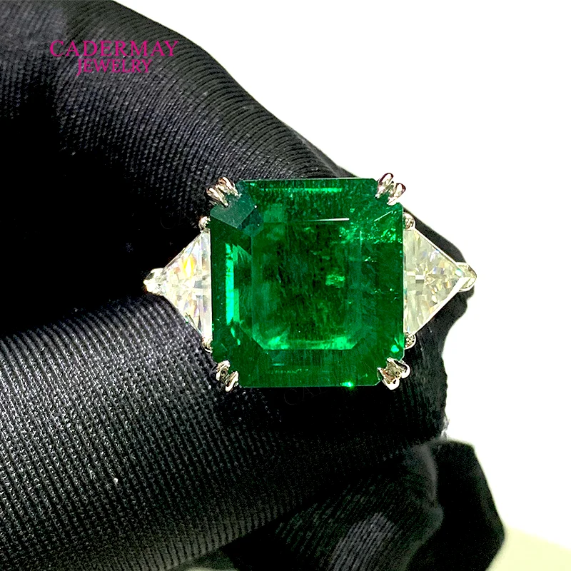 Customized Luxury Muzo Green Emerald Cut Lab Grown Emerald Rings S925 3 Stones Moissanite Engagement Promise Ring For Women Gift