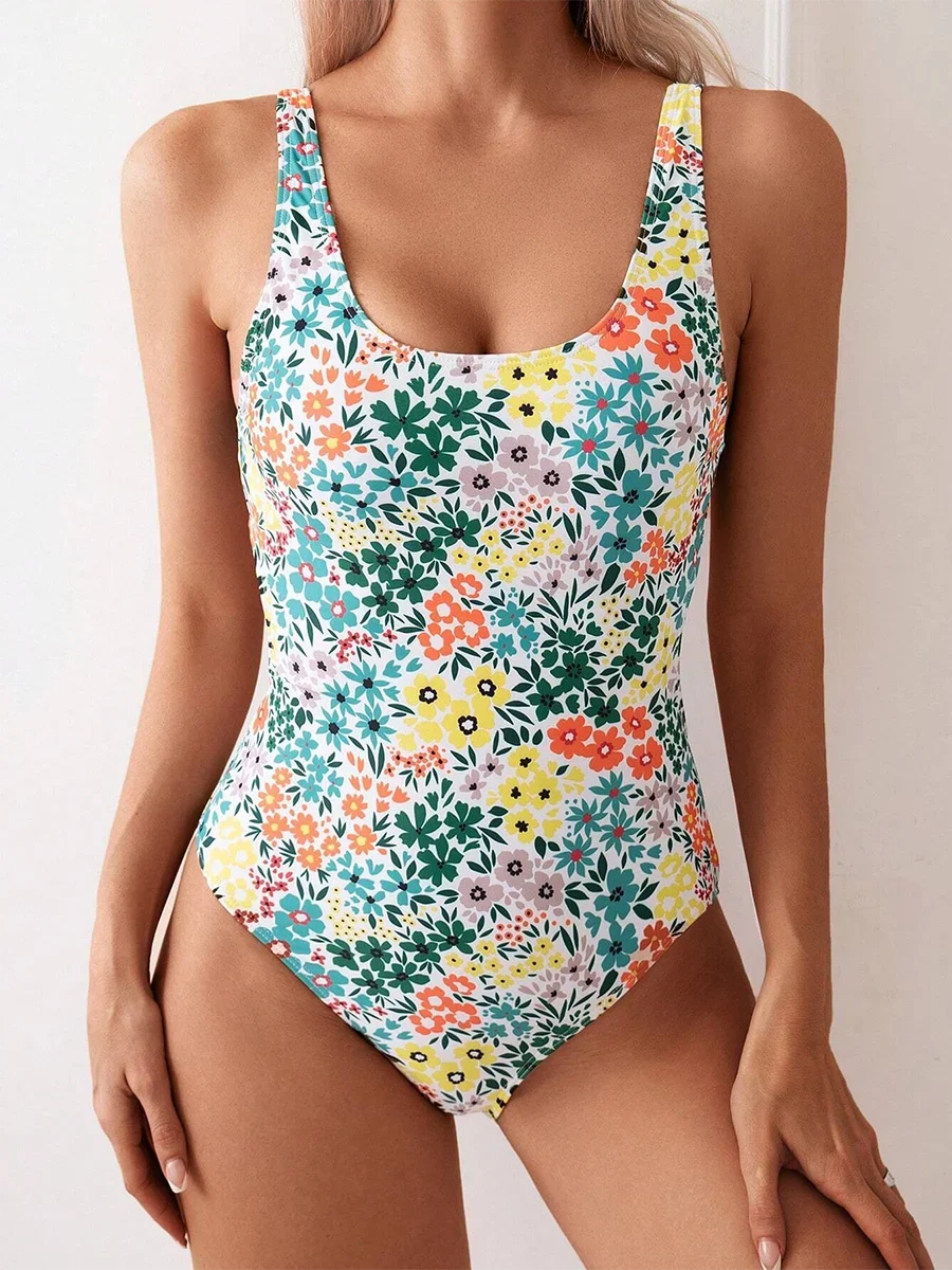 Bañador Sexy Floral de una pieza para mujer, traje de baño 2025, traje de baño para mujer con cuello cuadrado, traje de baño femenino para Monokini, ropa de playa de verano