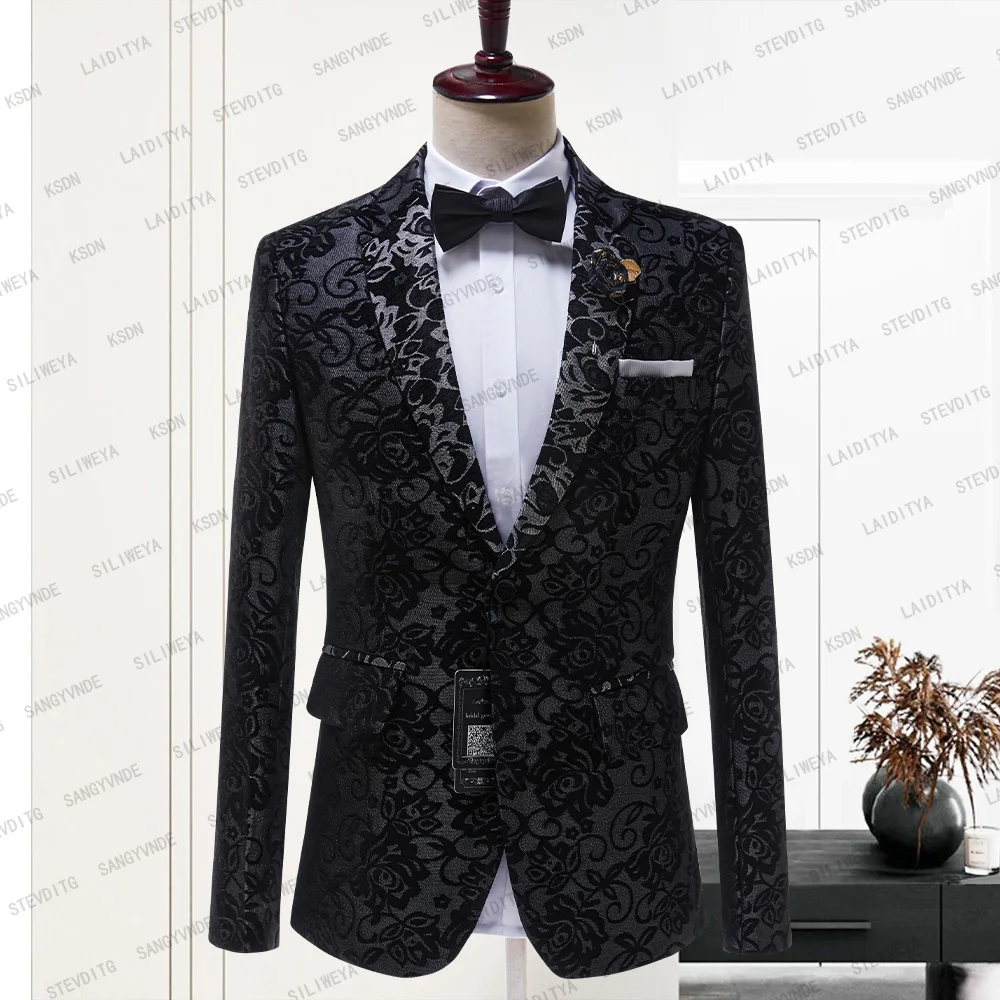 

2023 Latest Black Jacquard Floral Design Men Suit Tailor-Made Tuxedo Blazer Casual Wedding Party Groom Costume Homme Jacket Coat