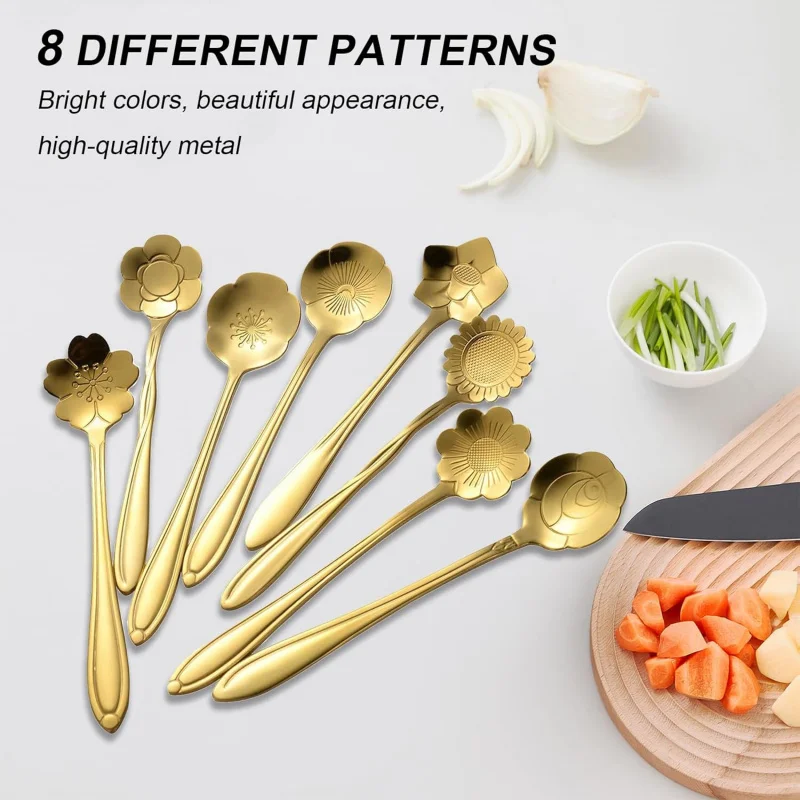 

8-piece golden mixing spoon set, stainless steel mixing rod with floral design, suitable for coffee, tea, desserts, and sugar