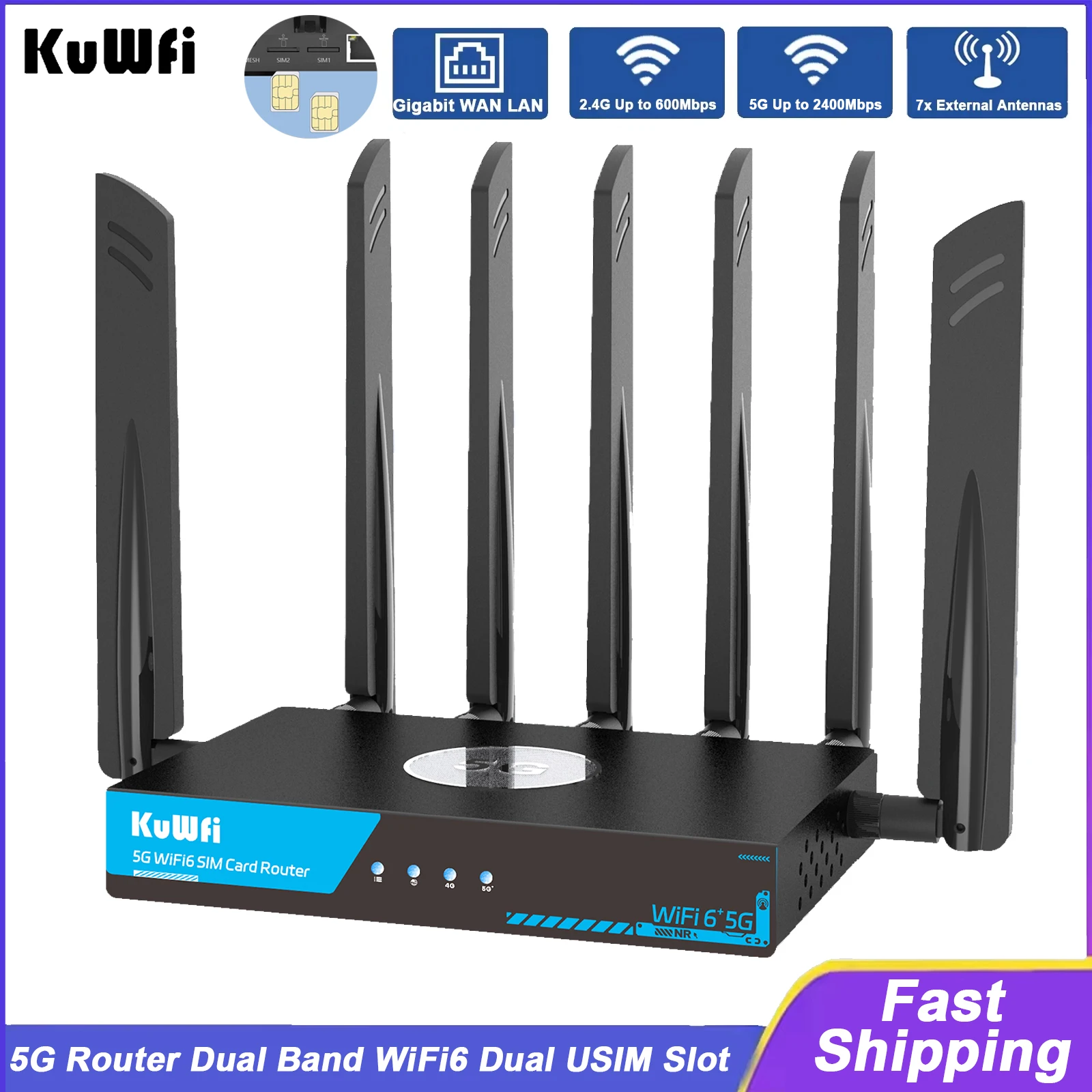 KuWFi 5G Router AX3000 2.4GHz 5GHz Dual Band WiFi Router 5G Modem Gigabit WAN LAN Ethernet Port Dual USIM Slot Support 128 Users