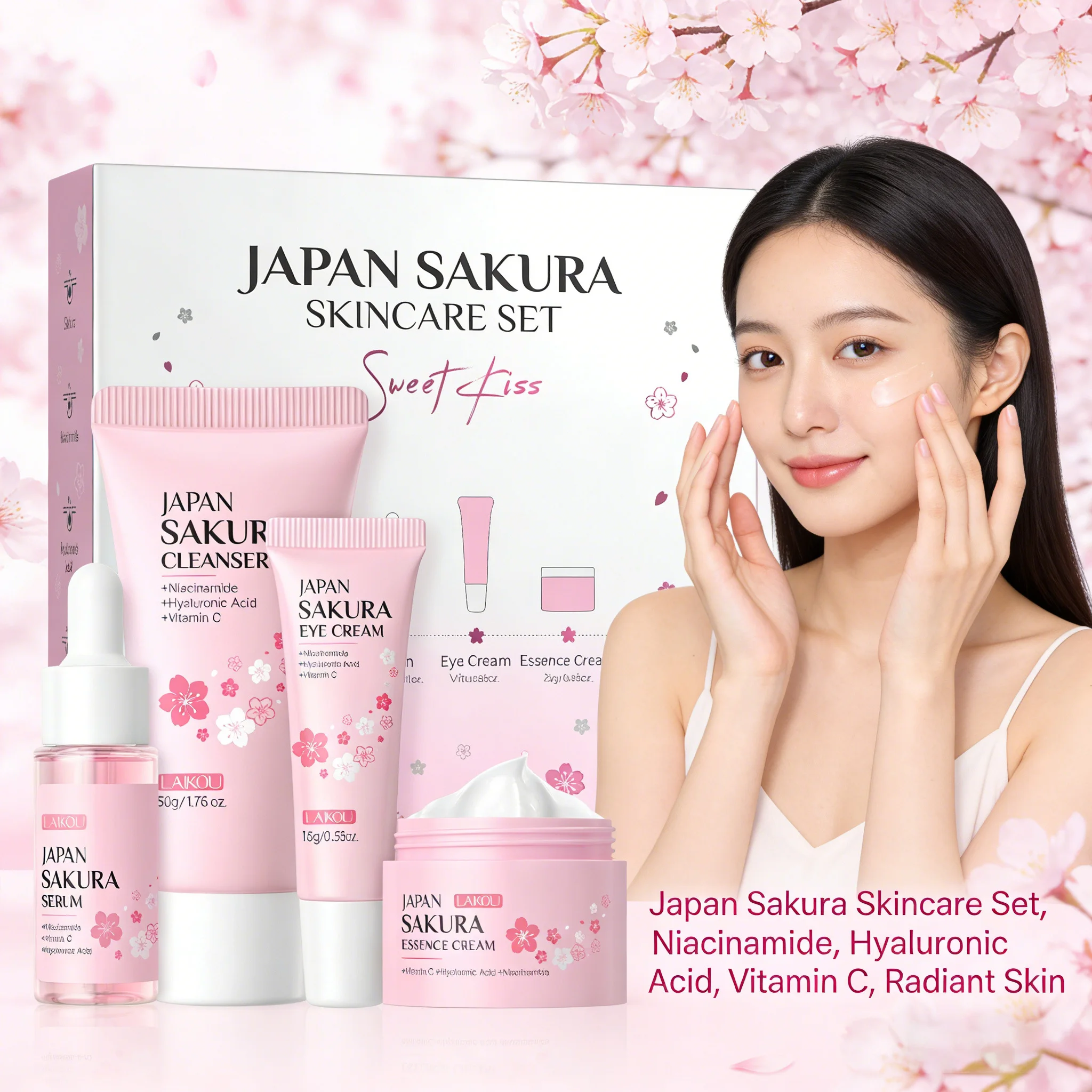 

Подарочный набор для ухода за кожей LAIKOU Sakura, 4 предмета: очищающее средство, сыворотка, крем для глаз, крем для лица, увлажняющий и осветляющий, подарочный набор на День святого Валентина