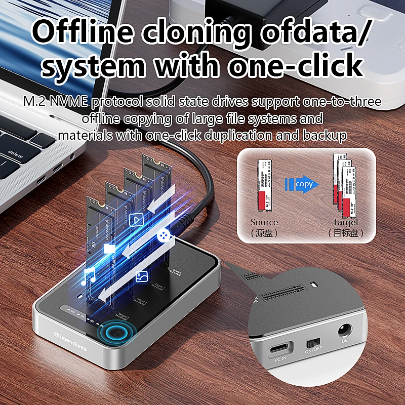 Blueendless USB4 4 Bays M.2 NVME SSD Enclosure SSD External Case 1 to 3 offline Clone Solid State Drive M2 SSD docking station