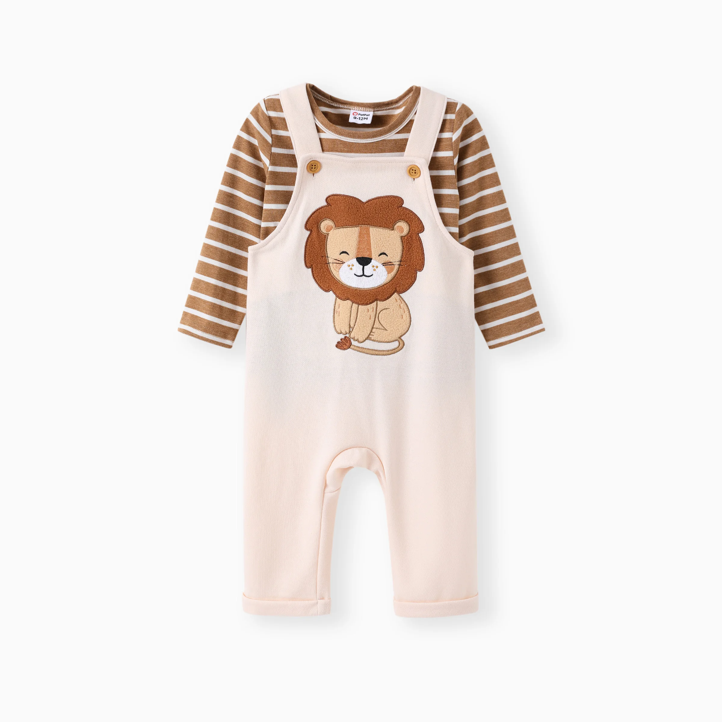 

PatPat Baby Boy 2pcs Striped Tee and Lion Embroidered Overalls Set