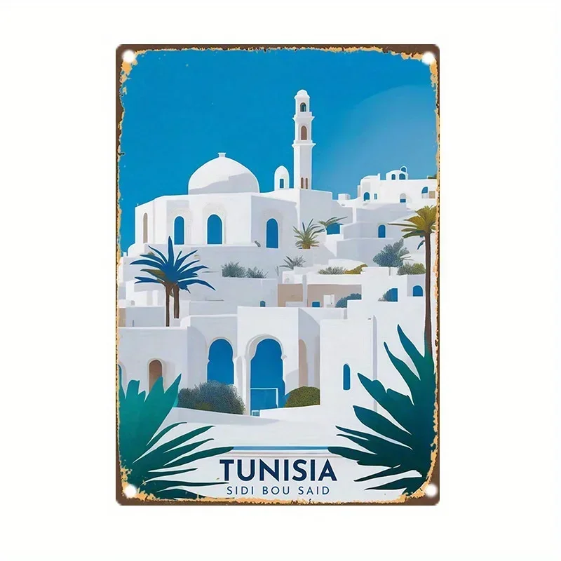 1pc, Tunisia Sidi Bou Said Vintage Tin Sign, 20.32x30.48 cm, Pre-Drilled, Waterproof, Weather Resistant, Iron Wall Decor for