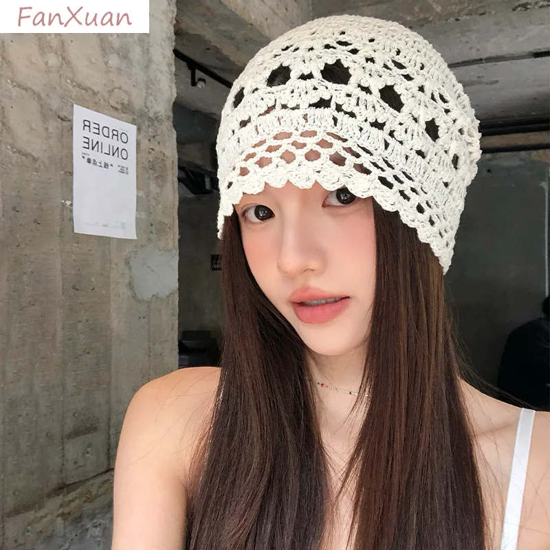 

Ins Ретро цветок полые вязаные пуловеры шапки женские весна лето повседневные универсальные вязаные крючком шапки ручной работы