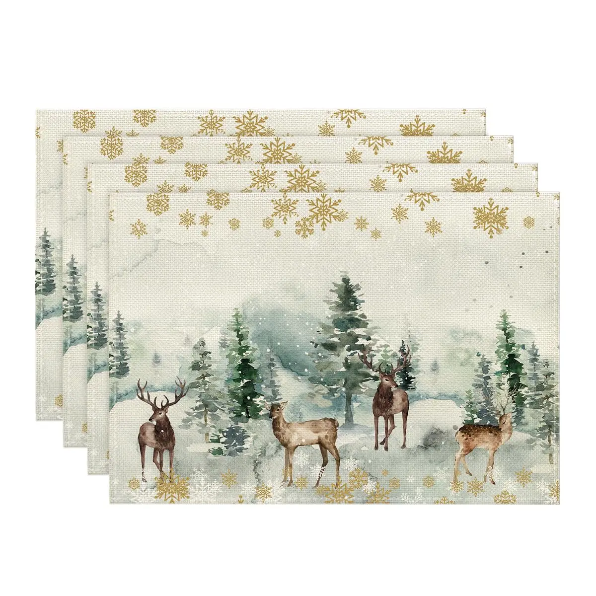 Watercolor Deer Trees Snowflakes Christmas Placemats for Dining Table, 12 x 18 Inch Xmas Vintage Washable Table Mats Set of 4