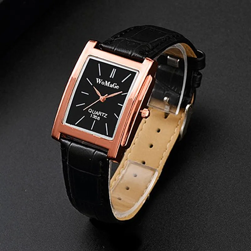 WoMaGe Simple Fashion Rectangle Men\'s Watch Luxury Metal Case Quartz Watch for Men Casual Leather Strap Male Clock reloj hombre