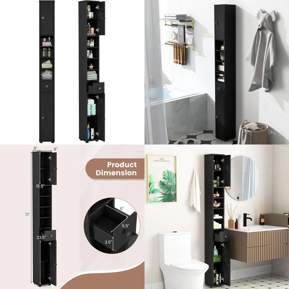 

Тонкий высокий шкаф для ванной Slim 8 с 5 регулируемыми полками и выдвижным ящиком, отдельно стоящий шкаф-тумба 71 дюйм для небольших помещений, черный