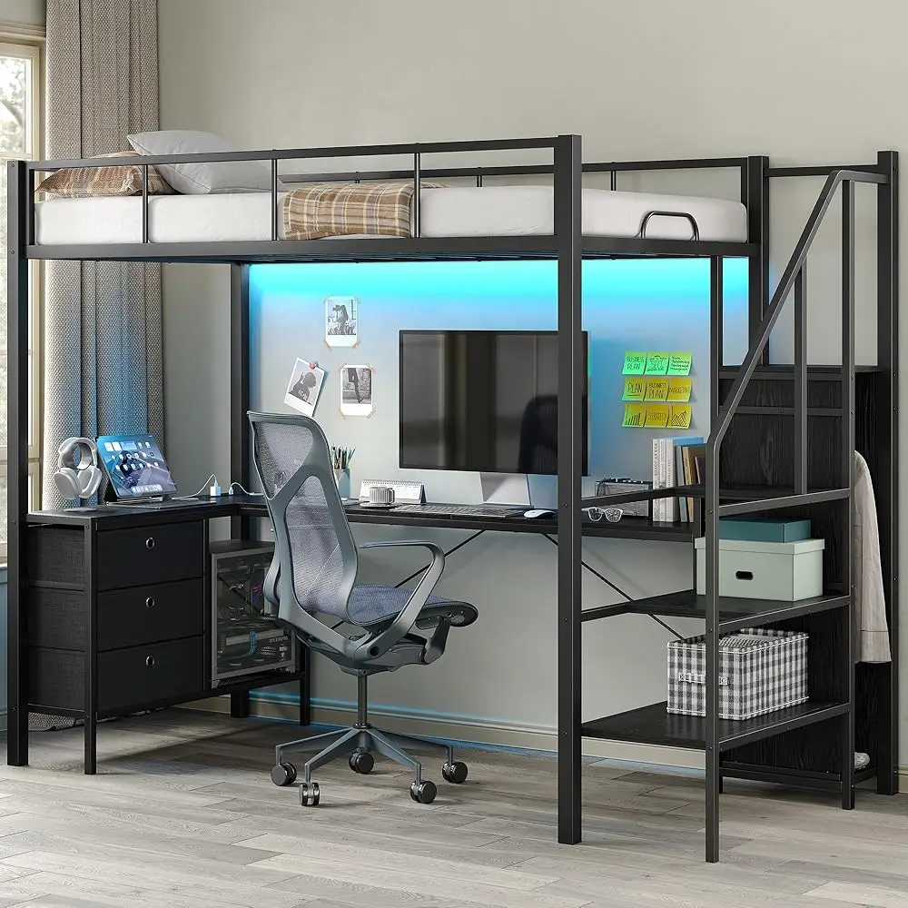 

Twin Loft Bed With Desk And Storage Stairs And Wardrobe, Heavy Duty Loft Bed, Rgb Led Bed With Usb Port, Outlets And Adjustable