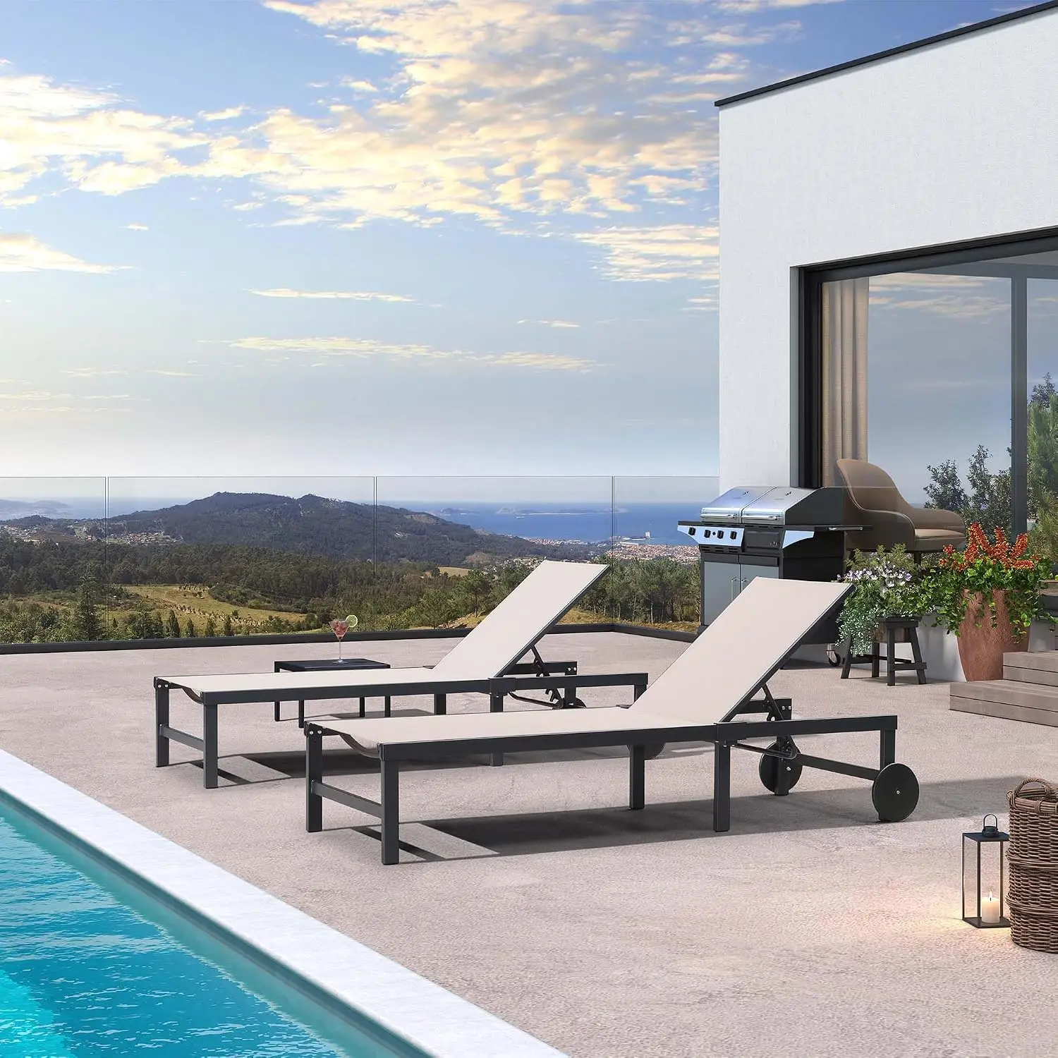 Outdoor Chaise Lounge Chairs Set with Wheels and Table, Beige | 3 Stable Legs, Sturdy Aluminum Frame, Quick-Dry, Customized