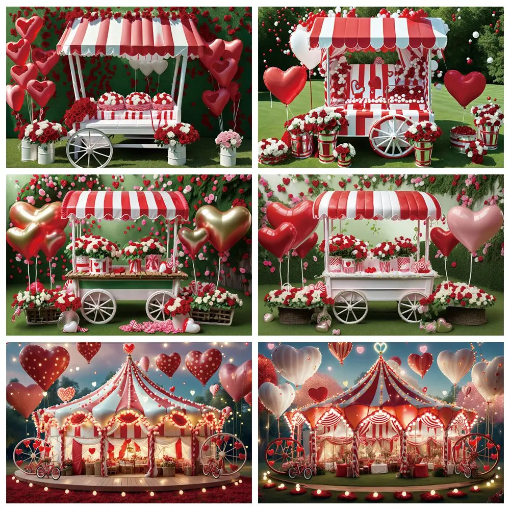 MOON.QG 2025 Valentine's Day Backdrop February 14 Love Party Decoration Background Flowers Cart Balloons Circus Tent  Photozone