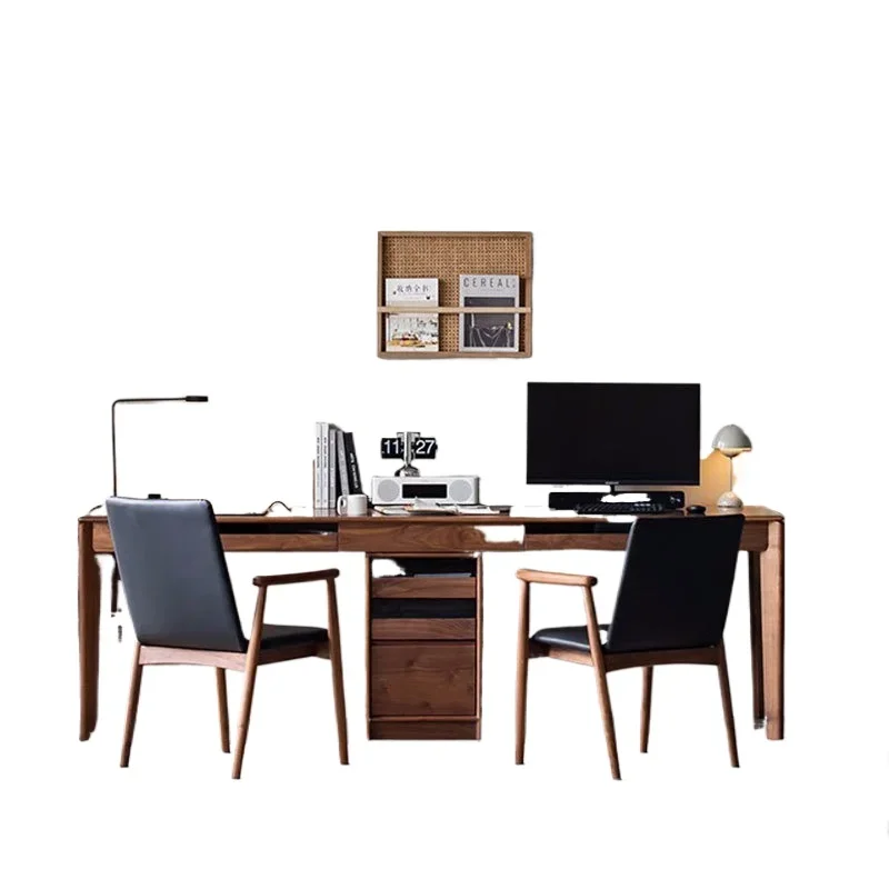 

All solid wood North American black walnut double long desk, learning to write against the wall