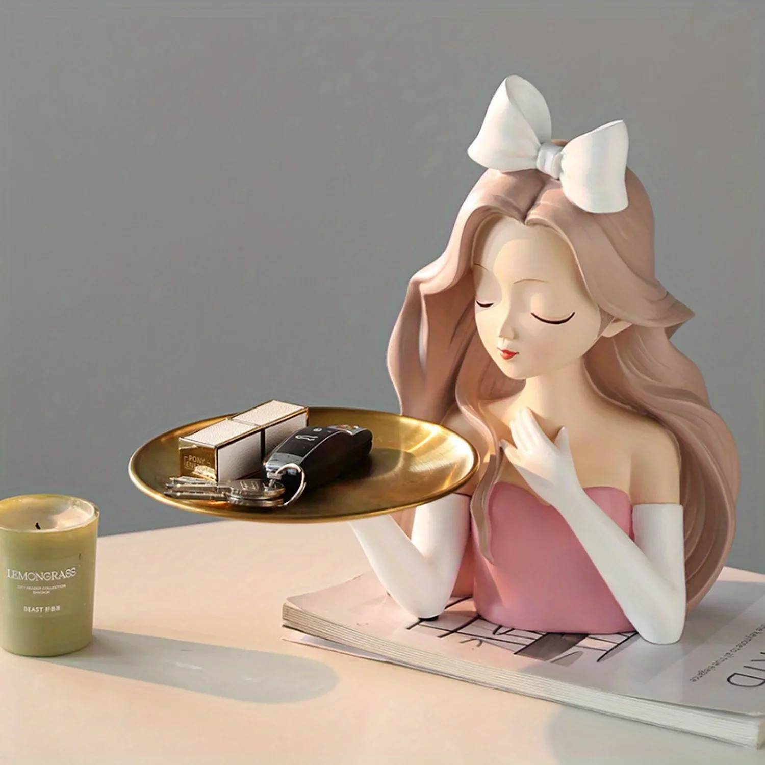 Modern Girl Statue - Resin Figurine with Tray - Stylish Living Room Decor Accent