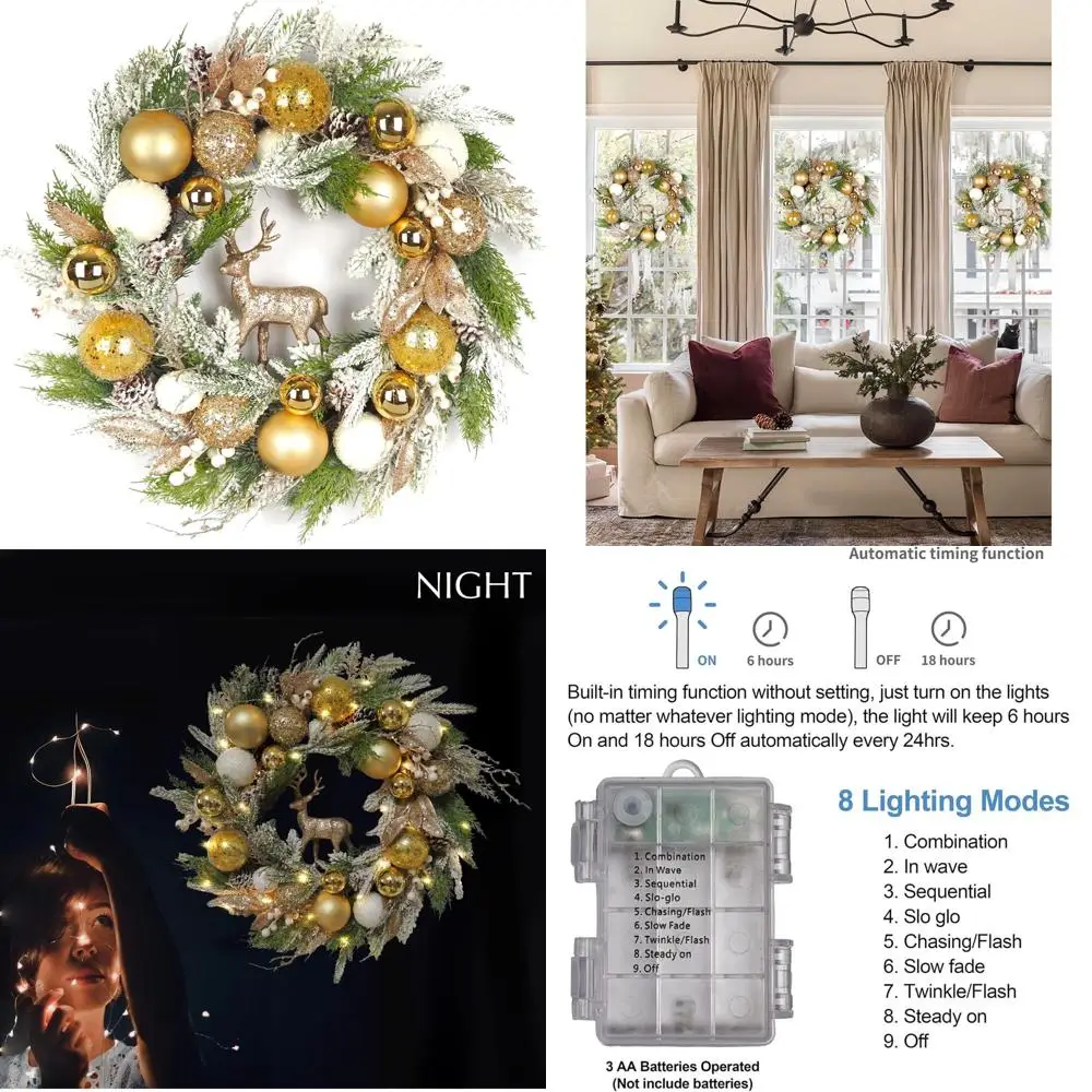 

Золотой рождественский венок для улицы, 24 предварительной подсветки, белые светодиоды, орнаментированный олень и флокированная сосна