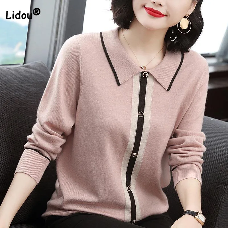 Fashion Simplicity Long Sleeve Loose Sweaters Office Lady Casual Polo-Neck Button Patchwork Knitted Pullovers Women\'s Clothing