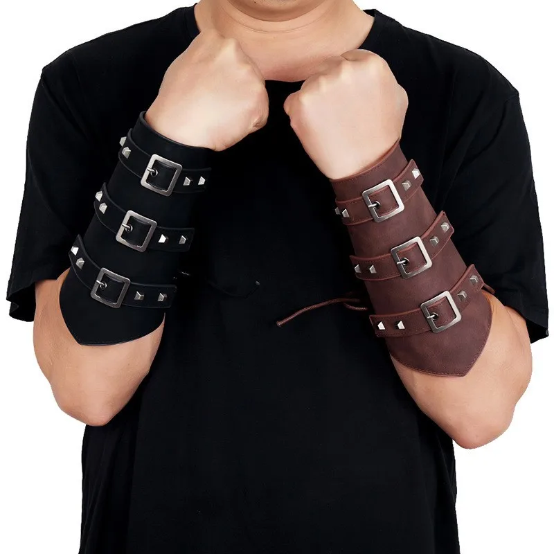 Punk Hip Hop 1Pc Cosplay Leather Armor Arm Viking Bangles Pirate Knight Gauntlet Wristband Bracer Accessories New Men's Bracelet