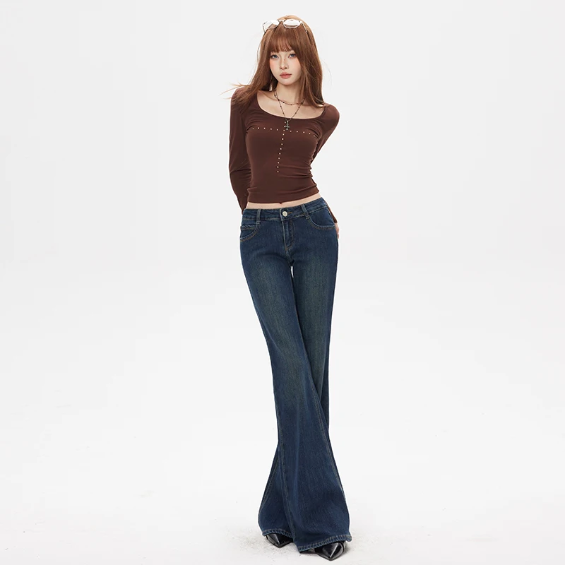 

2025 Autumn Cement Retro Blue Low Waist Micro Trumpet Casual Versatile Jeans for Women, Elastic Non Leg Patchwork Belly Pants