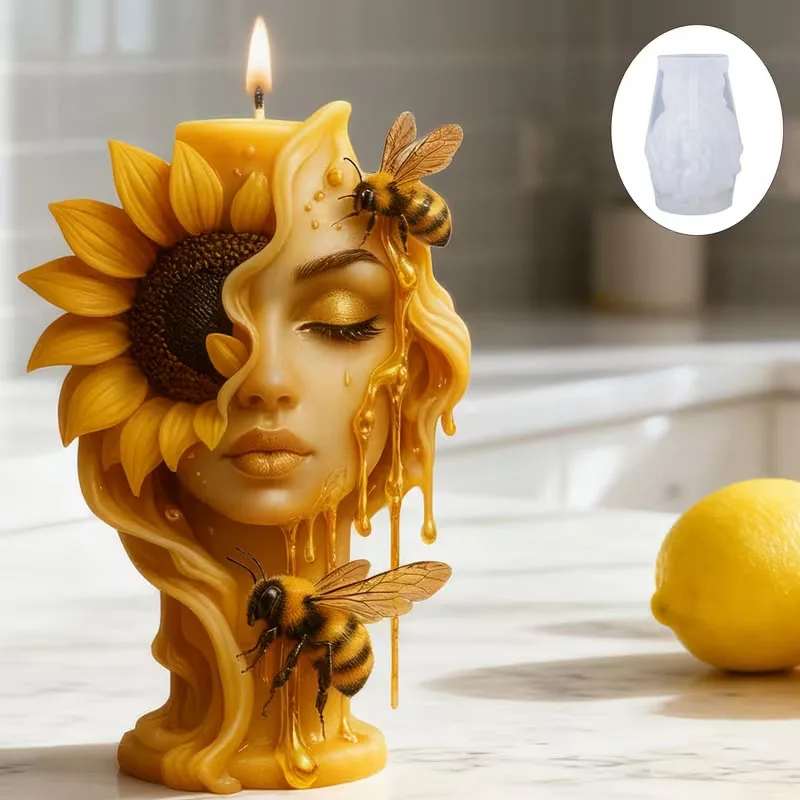 Sunflower and bee candle mold, an artistic three-dimensional relief candle mold featuring a half-faced sunflower, honey dripping