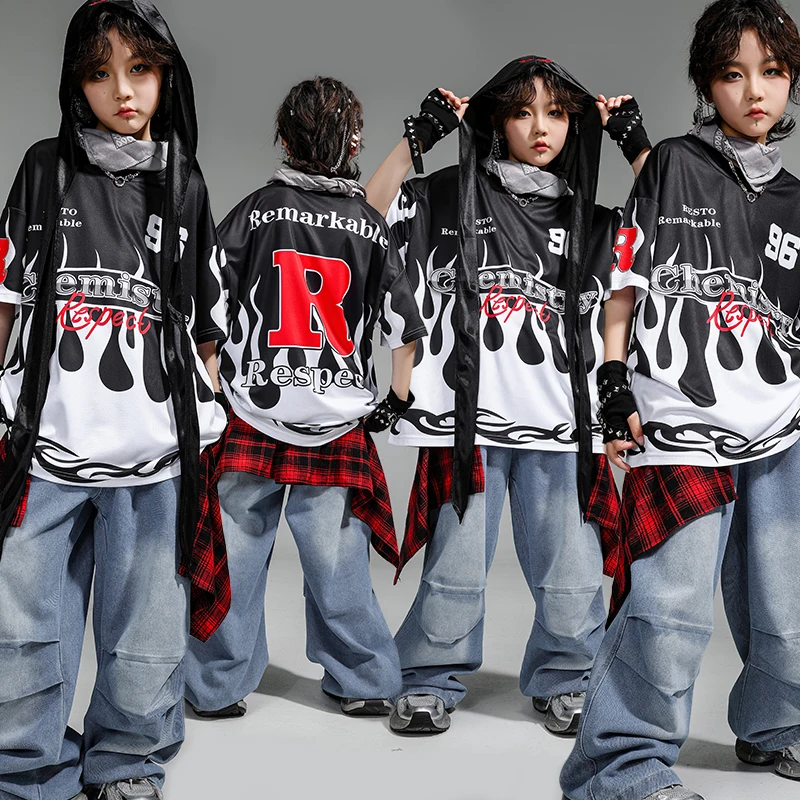 Boys Teenage Hip Hop Contrast Tshirt Fire Joggers Pants Girls K-pop Street Dance Costumes Kids Jazz Clothes Children Streetwear