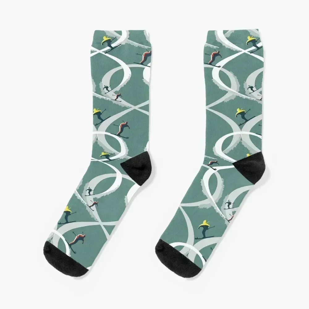 Mid Century Figure 8 Skiers in Retro Style on Teal Socks luxe anime Designer Man Socks Women's