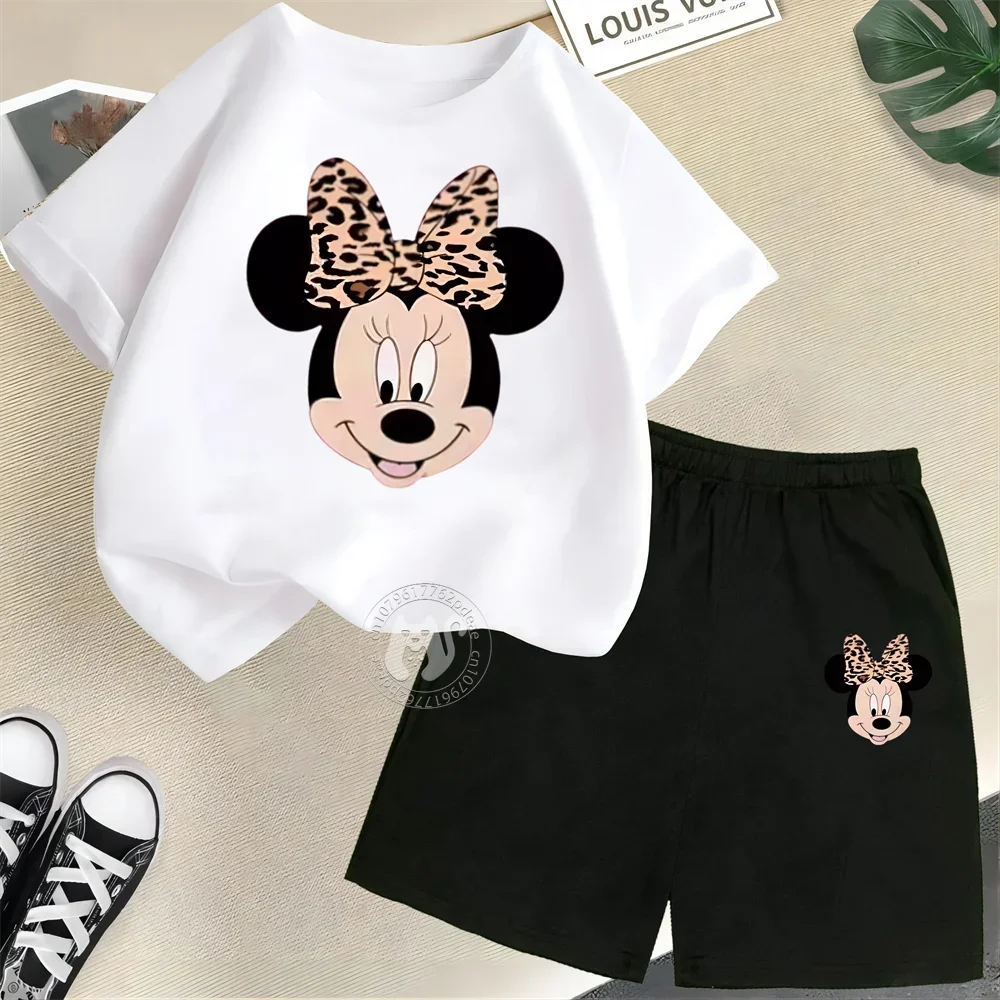 Summer Cartoon Boys & Girls 100% Cotton T-shirt + Shorts Kids Disney Open Minnie Print Fashion Street Boys & Girls Casual Suit