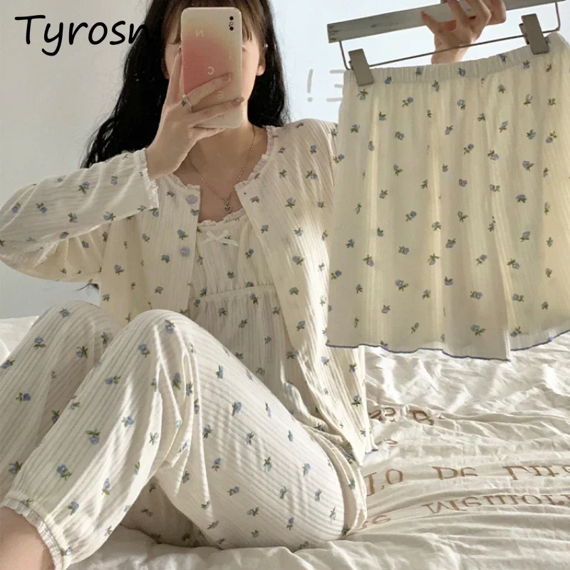 

Женские пижамные комплекты из 4 предметов, милая весенняя одежда для отдыха, простой принт, тонкие, повседневные, для студентов, для отдыха, шикарный, в корейском стиле, элегантный, нежный