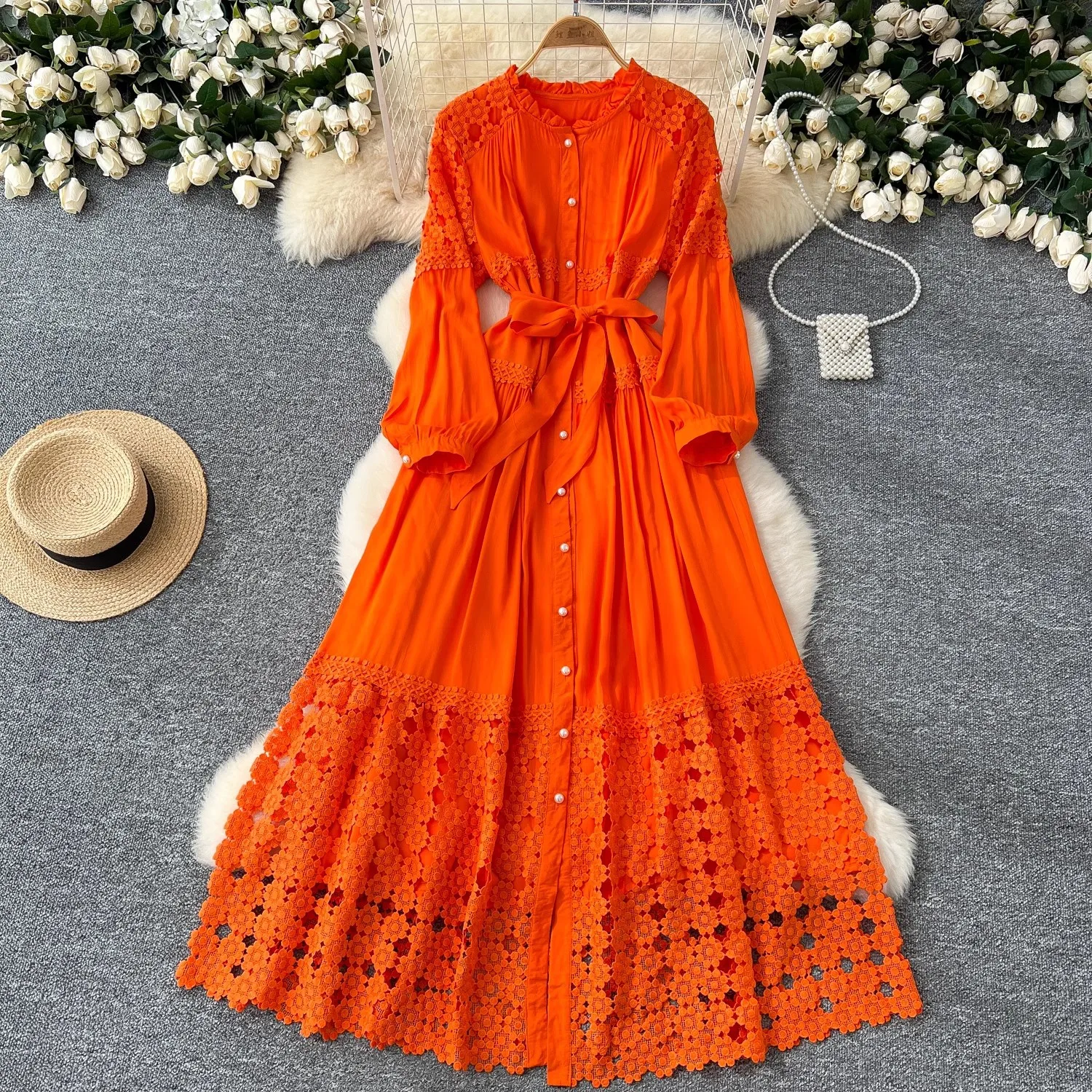 Boho Retro Hollow Hook Flower Ricamo Abito in pizzo Splicing Papillon Vita Abiti lunghi monopetto Abito lungo da spiaggia per le vacanze