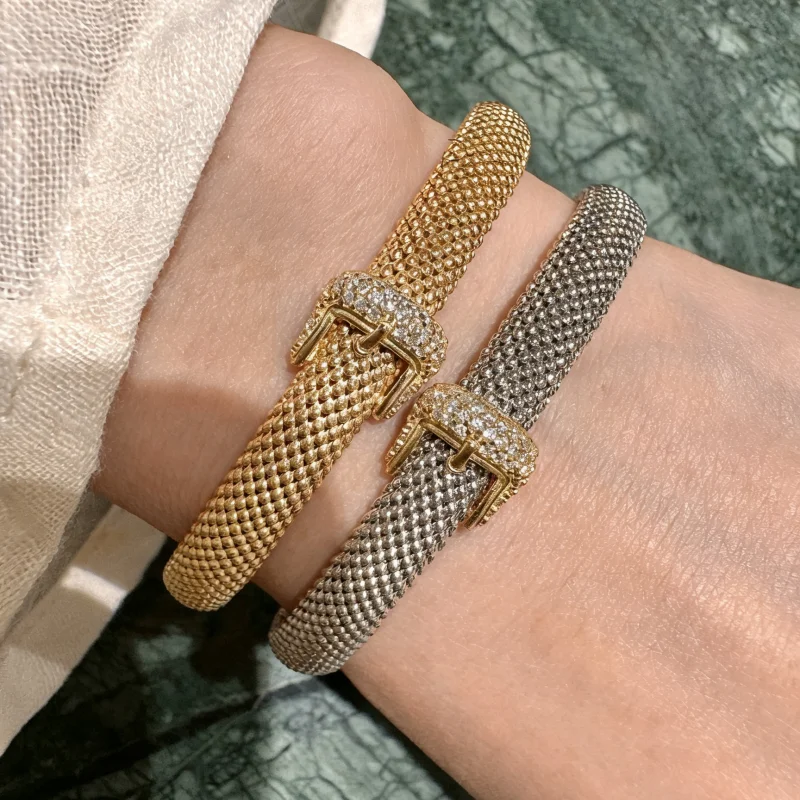 Bellux 925 Sterling Silver Mesh Bracelet for Women GoldPlated Belt Buckle Bangle Sparkling Cubic Zirconia Adjustable Design