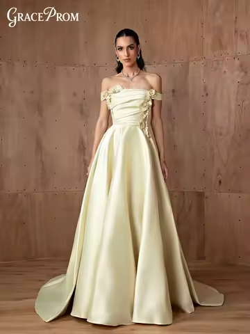 GraceProm Off-Shoulder Satin Romantic 3D Floral Evening Dress 2026 Elegant Bridesmaid Floor-Length Party Gown Party Dress пла
