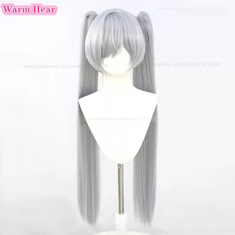 لعبة سندريلا الشعر الاصطناعية 90 سنتيمتر طويل فضي رمادي مزدوج ذيل حصان تأثيري أنيمي شعر مستعار مقاومة للحرارة الشعر هالوين شعر مستعار للحفلات