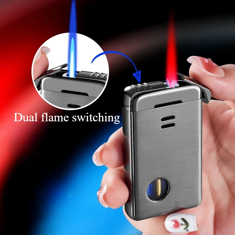 Double Flame Metal Inflatable Lighter Transparent Visible Gas Windproof Smoking Accessories Butane Gas Ignition Tool Lighters