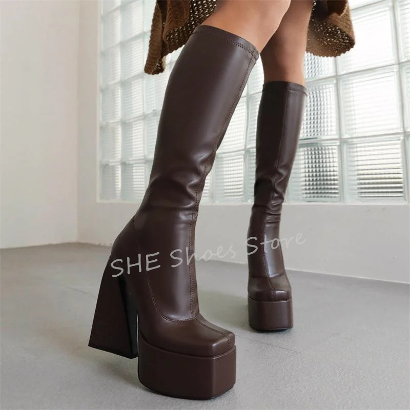 Sexy Squaretoe Hight Heel Women Stretch Boots Fashion Chunky Platfrom Height Increasing Chelsea Boots Ladies Dress Shoes