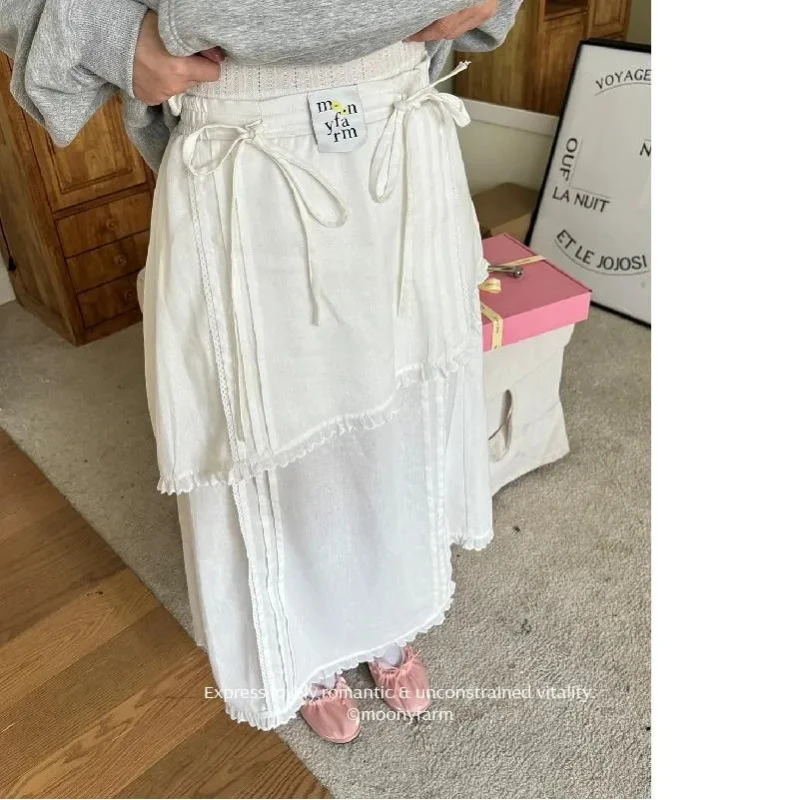 

White Chic Long Skirt Women 2025 New High Waisted Bow Tied Patchwork Lace A-line Skirts Korean Fashion Versatile Faldas