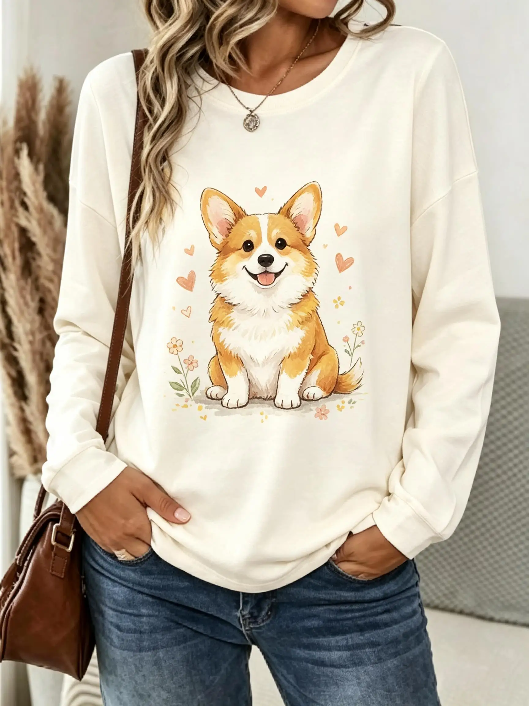 Women Long Sleeve Tee Top Three Puppy Floral Oil Painting Print Autumn Fashion Casual Round Neck Sweatshirt Women's Clothes