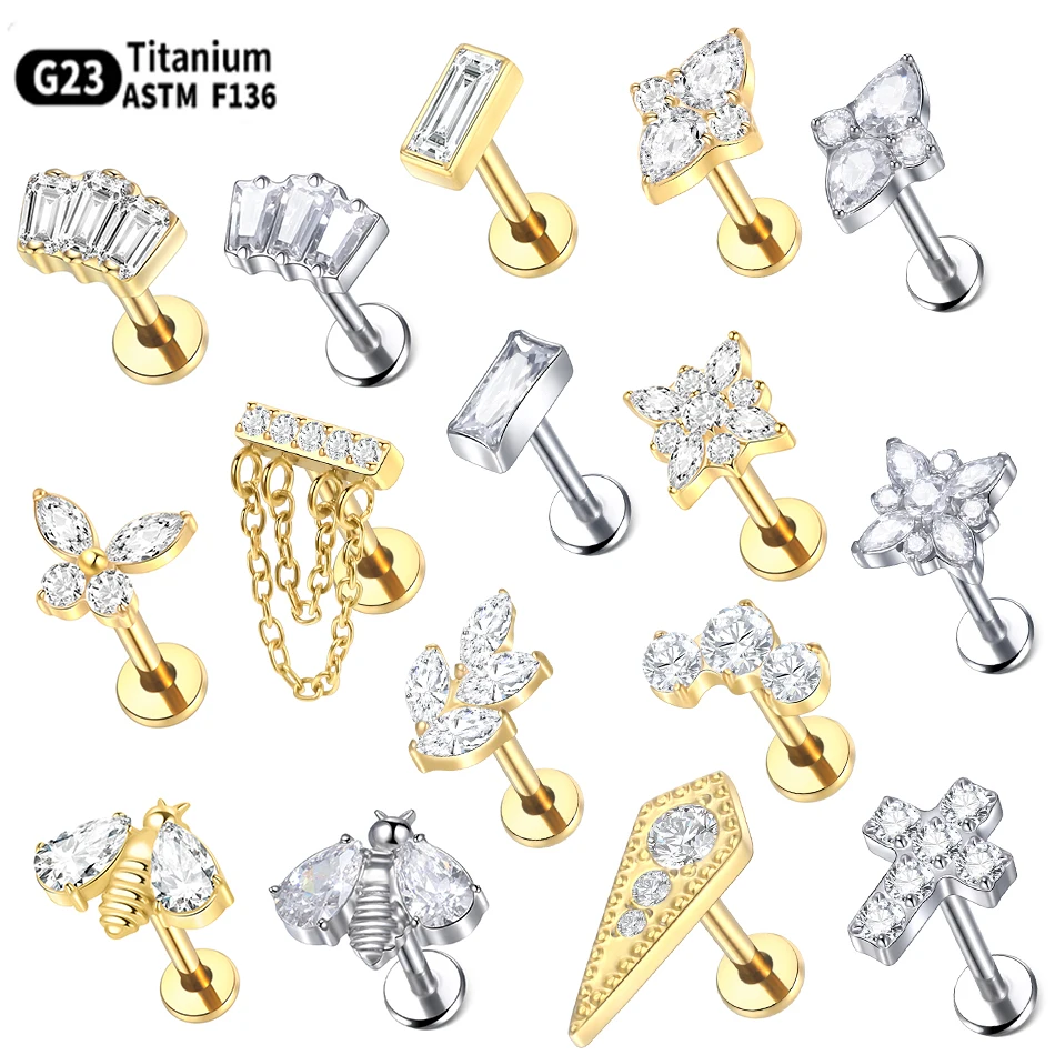 1PC Titan 16G CZ Edelstein Labret Stud Lippen Ringe Gold Farbe Ohr Knorpel Tragus Helix Daith Ohrring piercings Sexy Frauen Schmuck