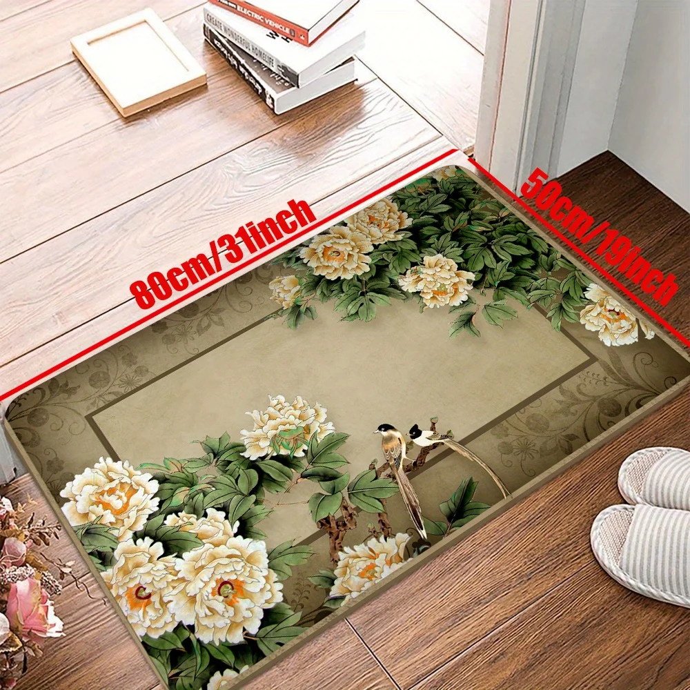 1pc Flower & Bird Retro Living Room Rug, Floral Rug Patterned Non-slip Bedroom Rug, Floor Rug, Floor Mat, Home Decor Furry Mat