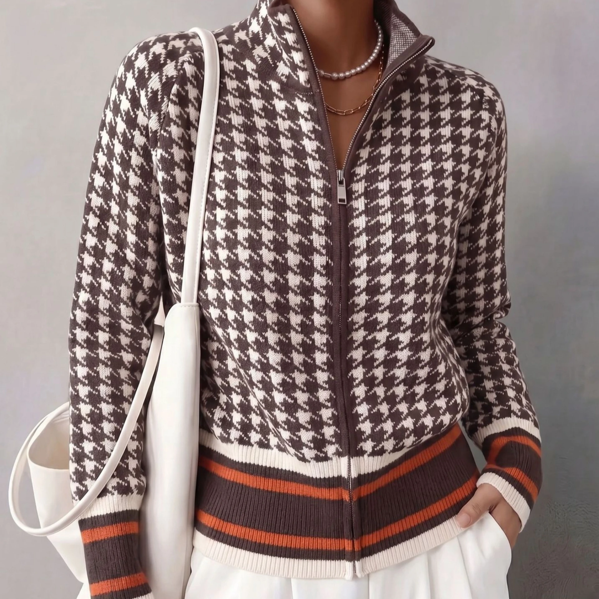 Women Houndstooth Knit Cardigan Stand Collar Zip Up Long Sleeve Color Block Striped Cuff Cropped Sweater Jacket