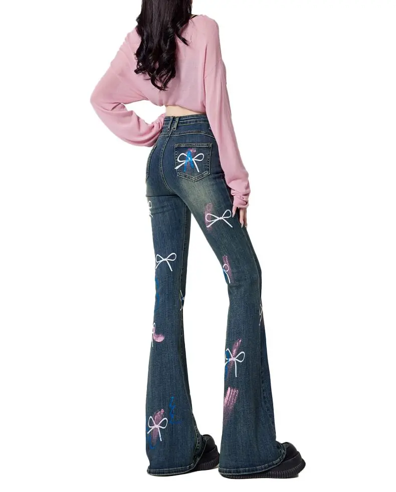 Vintage Bow Graffiti Pattern Flare Pants Women High Waist Skinny American Retro High Street Denim Pants Straight Trousers