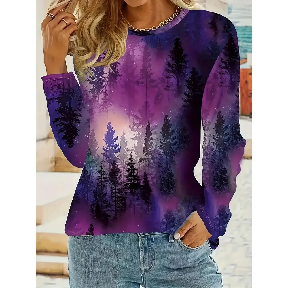 T-shirt con stampa foresta a maniche lunghe moda donna taglie forti 1XL-5XL T-shirt casual da donna con scollo a O autunno primavera