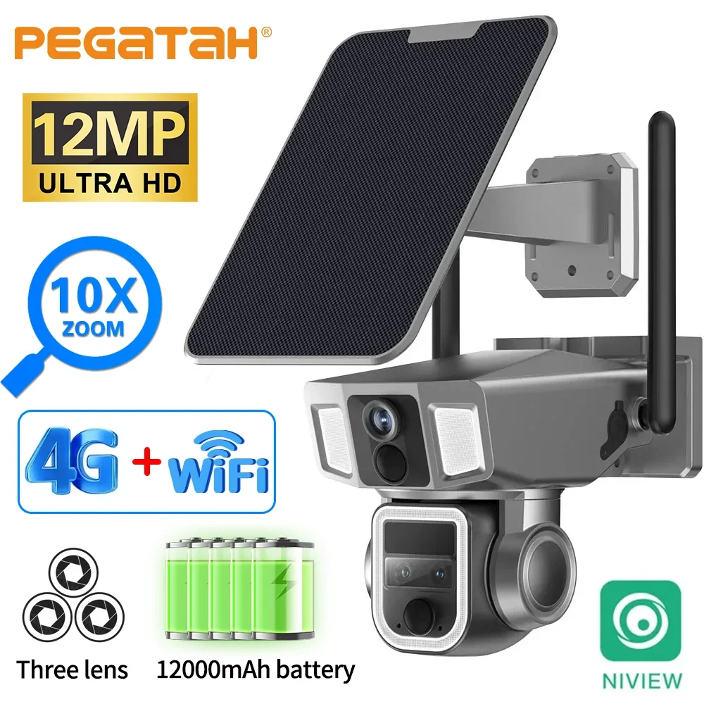 12MP Dual Screen Solar Camera 2-in-1 4G WiFi Outdoor with Three Lens Dual PIR Detection 10X Zoom Auto Tracking CCTV Camera