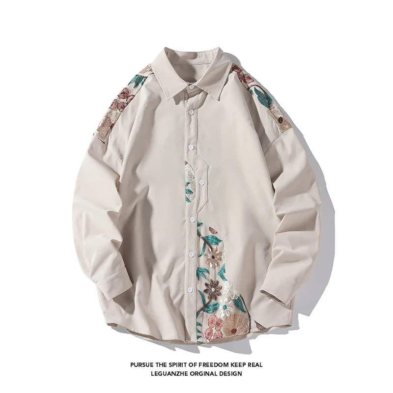 2023 New Design Spring And Autumn Beige Oversize Lace Embroidery Men Shirts Turn-down Collar High Street Casual Y2k Streetwear