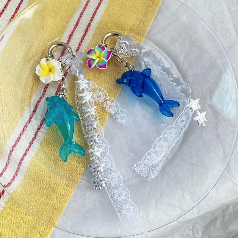 1 Stück süßer Retro-Delfin-Spitzenblumen-Taschenanhänger, Y2K Sommer-Strand-Insel-Ozean-Quasten-Schlüsselanhänger, Handy-Lanyard, Rucksack- und Handtaschen-Dekoration – Detail 16