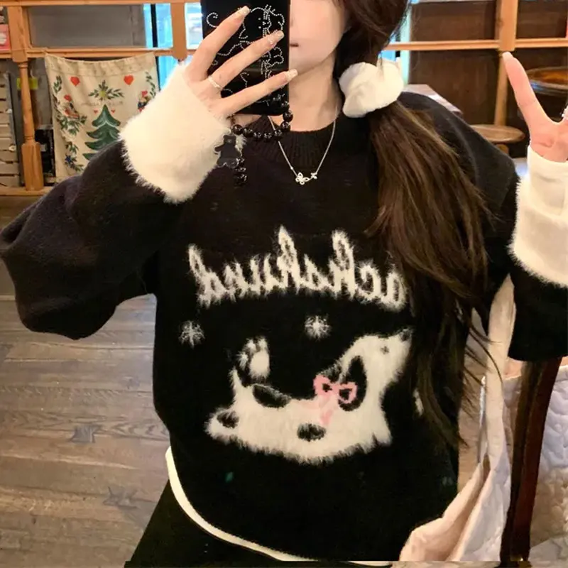 

Cute Cartoon Spot Puppy Pullovers Knitted Female Clothing Korean O-Neck Autumn Winter New Casual Loose Letter Patchwork Sweaters