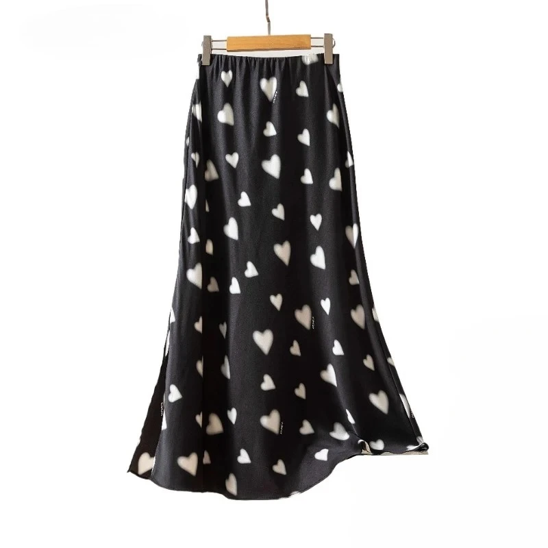 レディースカジュアルウェア ホワイトハートプリント 93%天然桑絹 SangBo サテン 通勤 ハイウエスト Aライン フィッシュテールスカート