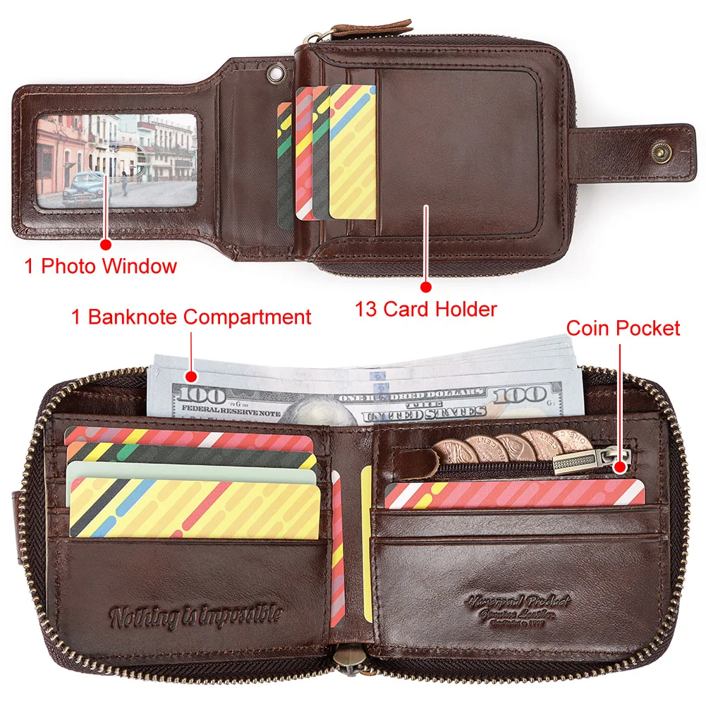 HUMERPAUL Men's Genuine Leather Wallet Business RFID Credit Card Holder with Coin Pocket Multifunctional Male Zipper Cash Clip