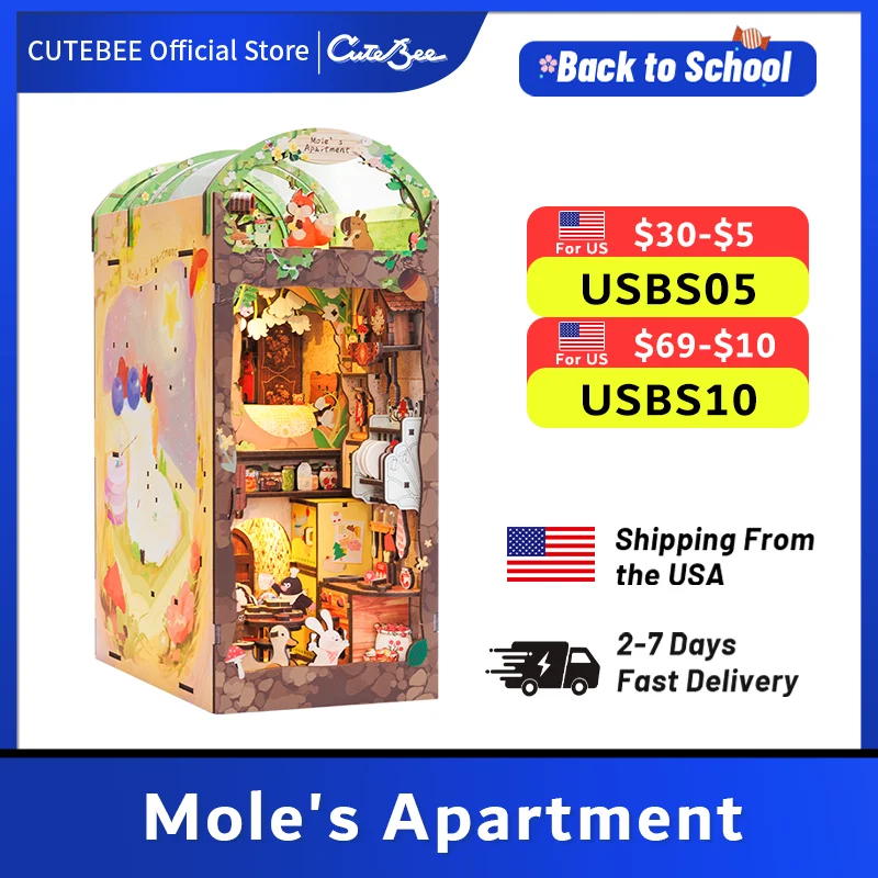 

CUTEBEE 3D Wooden Dollhouse DIY Book Nook Kit Bookshelf Insert Decor with Touch Light Dust Cover for Gifts Mole's Apartment