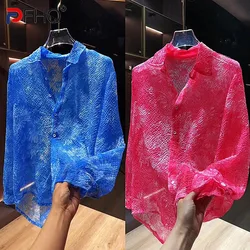 PFHQ Painting Jacquard Long Sleeved Men Shirt Hollow Out Turn-down Collar Single Breasted Male Tops Korea Fashion 21Z5101